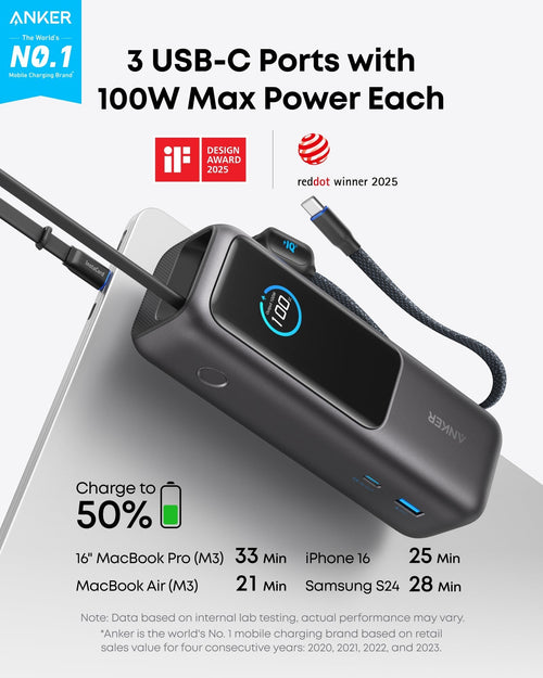 Anker Laptop Power Bank (25K, 165W, Built-In and Retractable Cables)