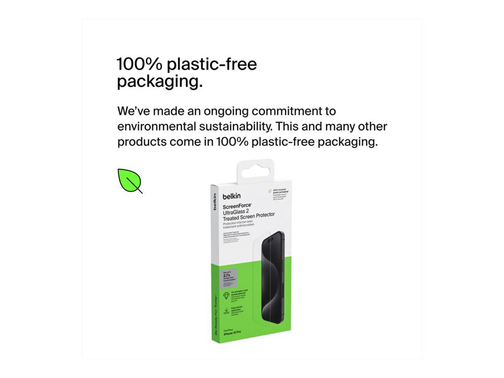 Belkin ScreenForce UltraGlass 2 - Screen protector for cellular phone - 9H, treated - glass - for Apple iPhone 15 Pro OVA133ZZ