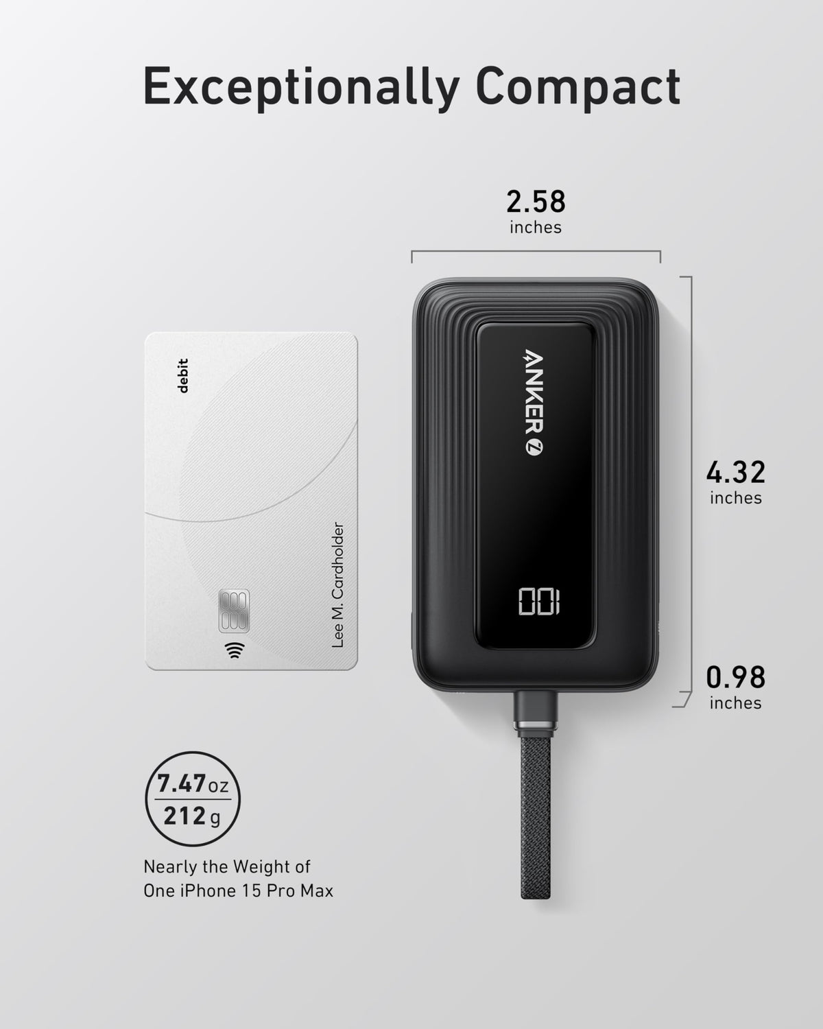 Anker Zolo Power Bank (10K, 30W) with a 5.4-inch (13.7 cm) built-in USB-C cable.